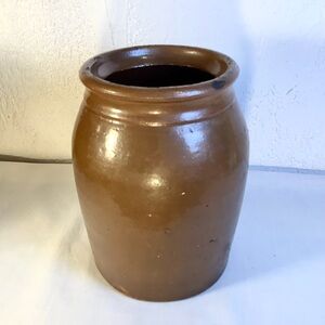 Vintage Stoneware Condiment Crock Jar Brown Glaze 6.25 inches Tall  Floral Vase